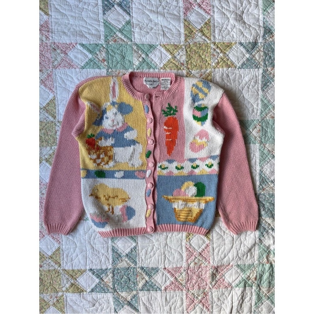 Rare Vintage 90s Alexandra Bartlett Spring Cardigan Sweater Small Pink Rabbit